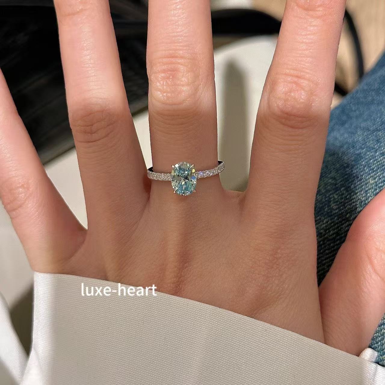 925 Sterling Silver Sea Blue Zirconia Ring 6*8 - High Carbon Diamond-Cut Luxury Band for Women