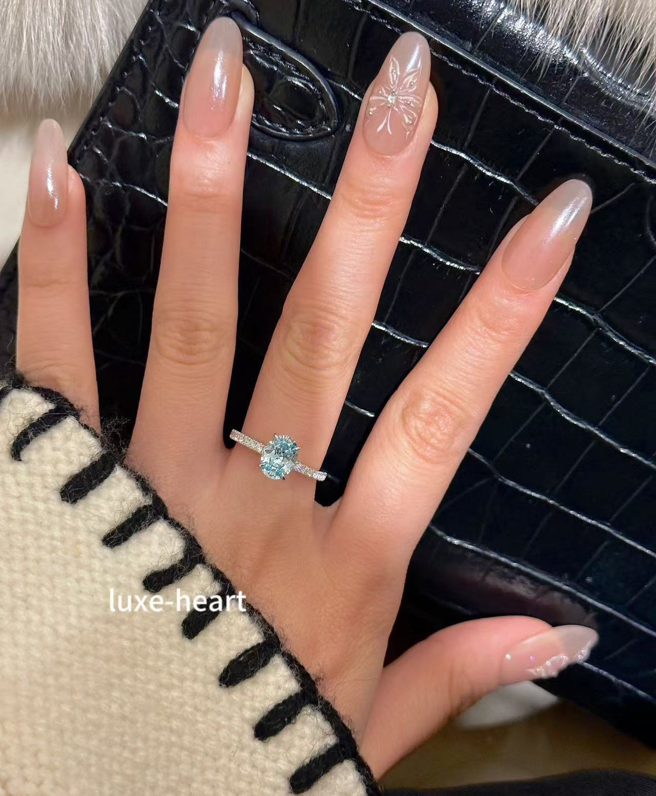 925 Sterling Silver Sea Blue Zirconia Ring 6*8 - High Carbon Diamond-Cut Luxury Band for Women