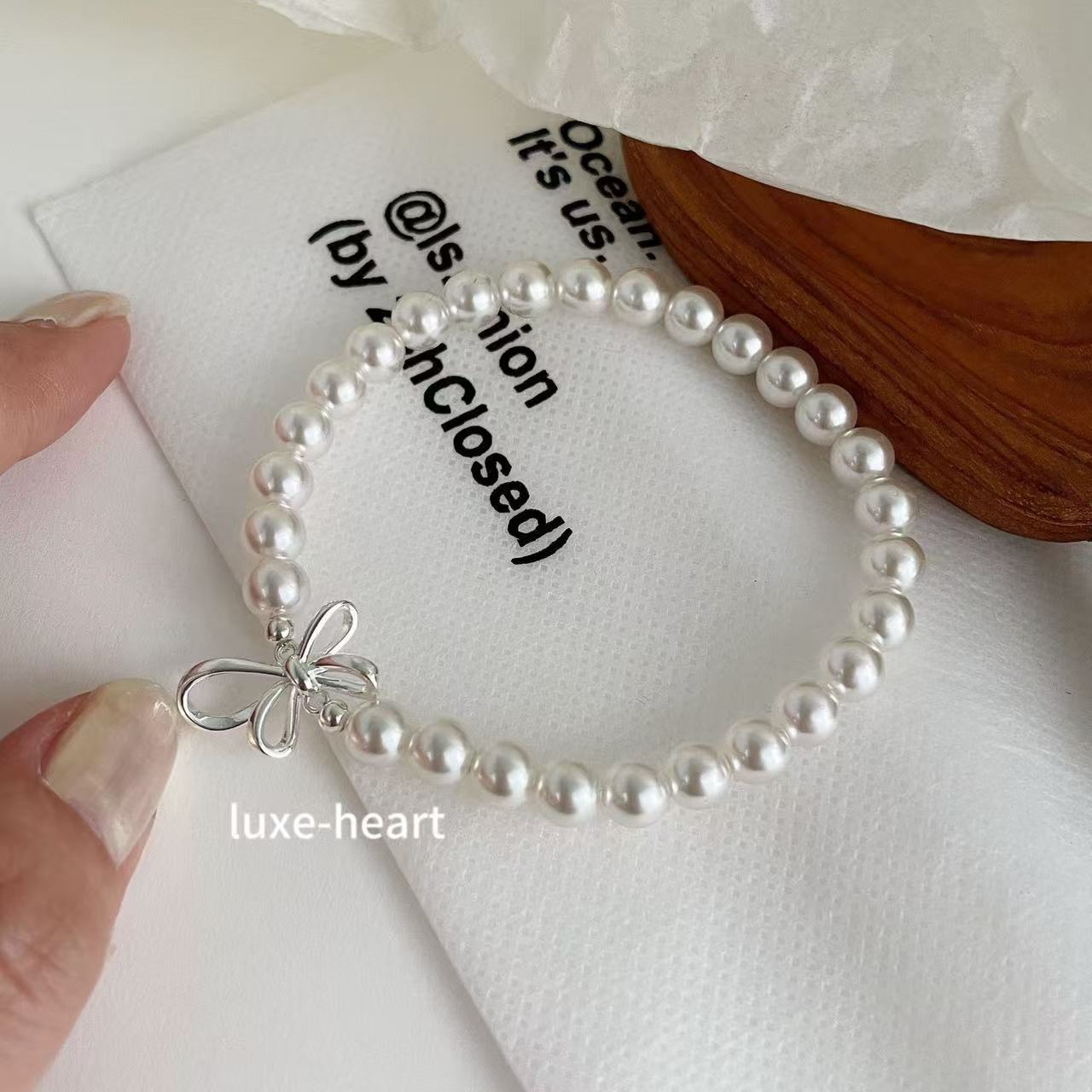 Sweet girly S925 silver three-dimensional bow pearl necklace