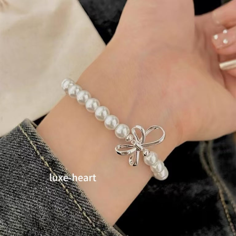 Sweet girly S925 silver three-dimensional bow pearl necklace