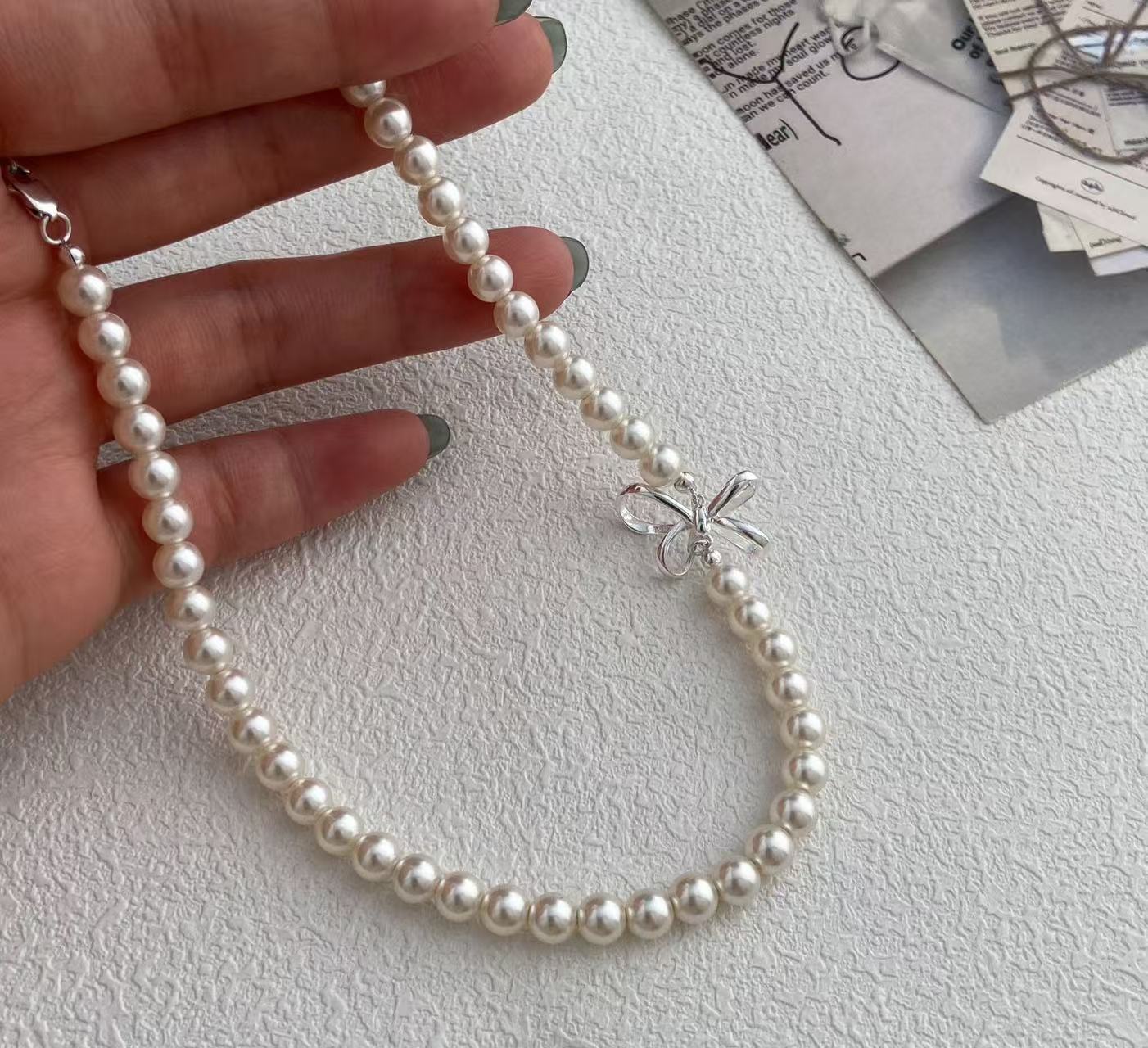 925 silver afternoon ballet Korean sweet girl chaebol daughter bow pearl necklace
