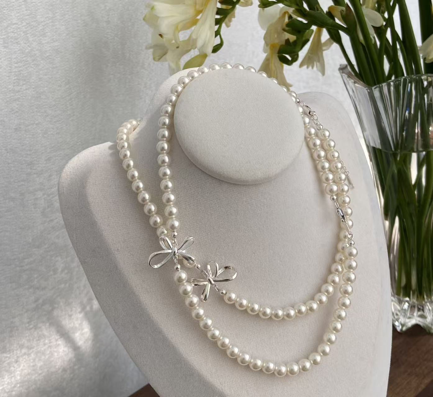 925 silver afternoon ballet Korean sweet girl chaebol daughter bow pearl necklace