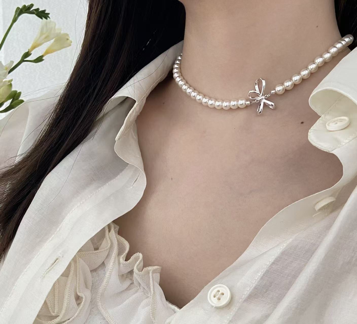 925 silver afternoon ballet Korean sweet girl chaebol daughter bow pearl necklace