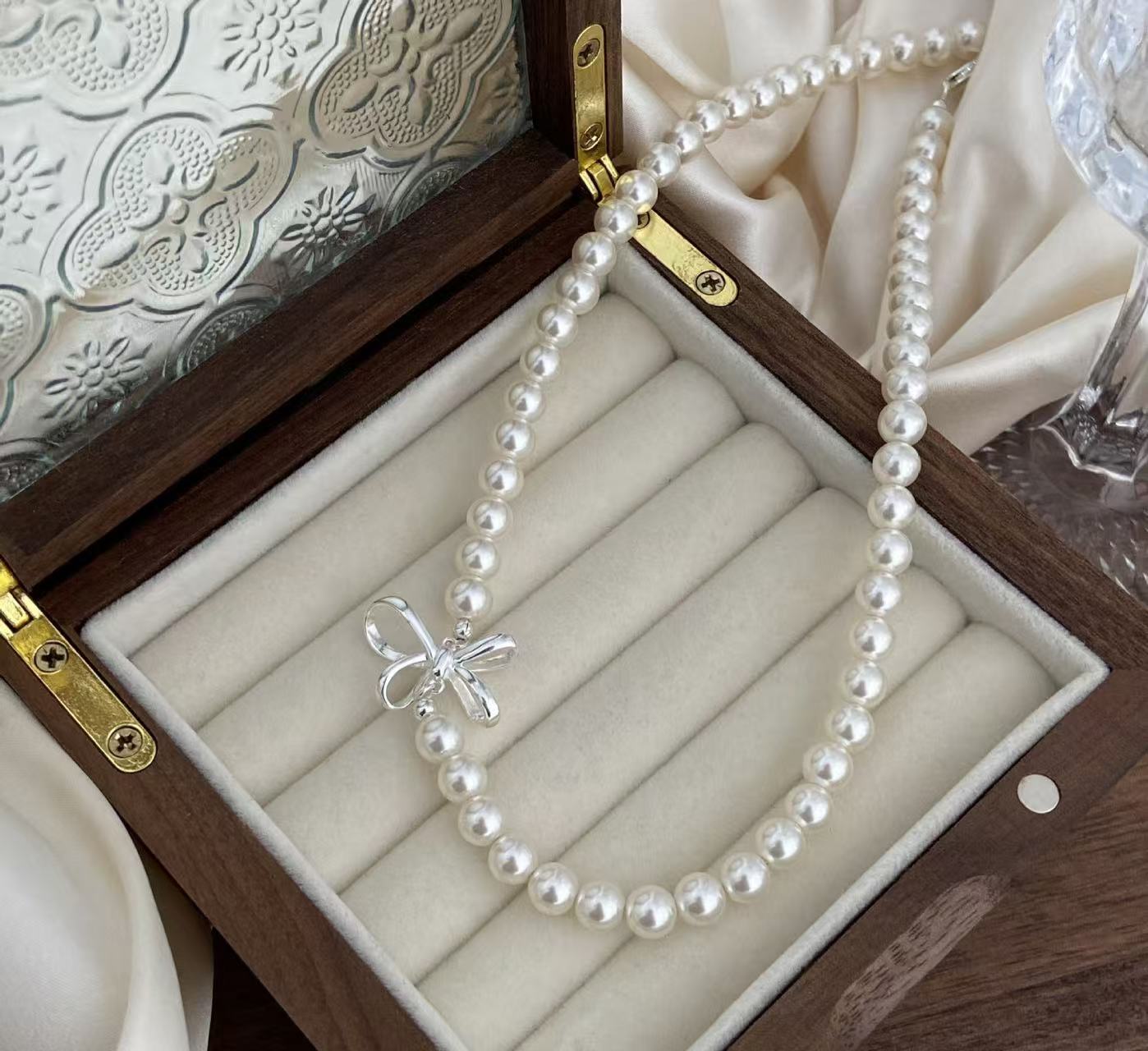 925 silver afternoon ballet Korean sweet girl chaebol daughter bow pearl necklace