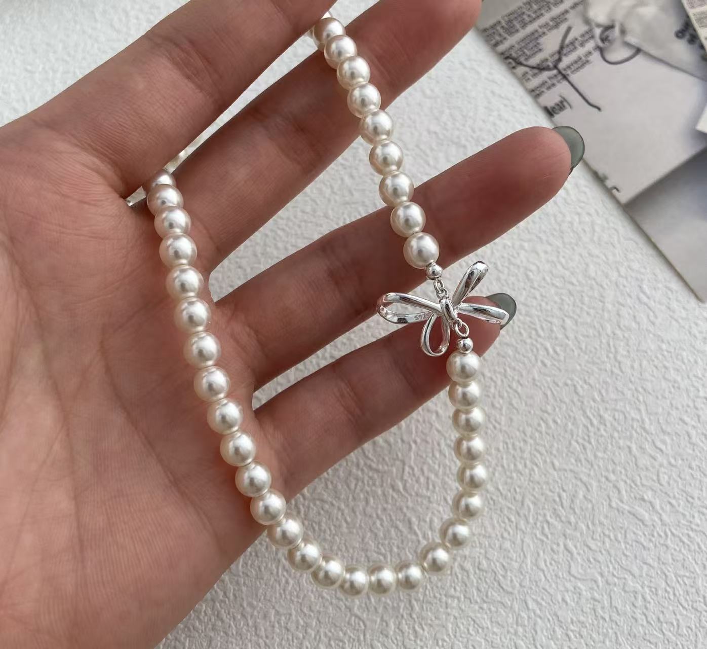 925 silver afternoon ballet Korean sweet girl chaebol daughter bow pearl necklace