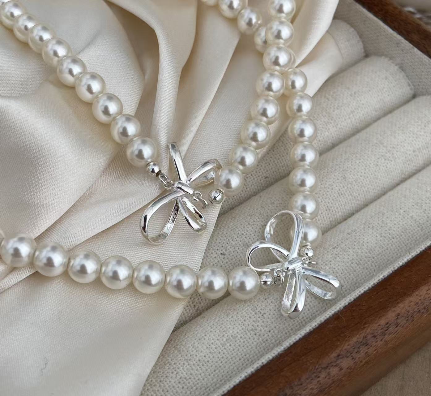 925 silver afternoon ballet Korean sweet girl chaebol daughter bow pearl necklace
