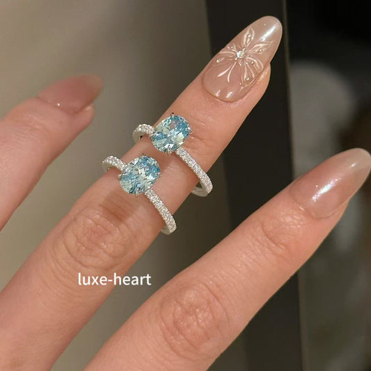 925 Sterling Silver Sea Blue Zirconia Ring 6*8 - High Carbon Diamond-Cut Luxury Band for Women