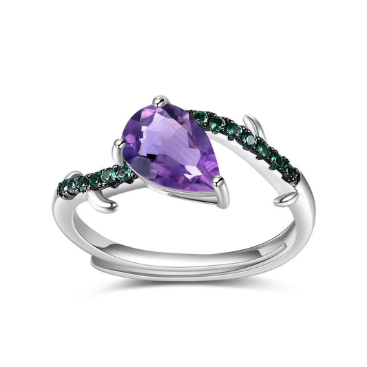 Thorn bud design adjustable s925 sterling silver inlaid natural colored gem amethyst ring