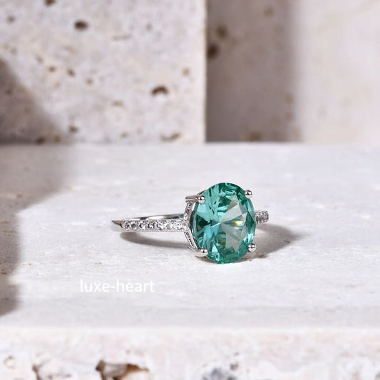 S925 silver inlaid cultured 8*10mm green spinel ring for women
