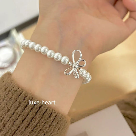 Sweet girly S925 silver three-dimensional bow pearl necklace