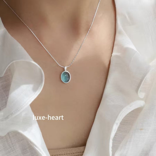 Simple and versatile S925 silver unique design oval moonstone aquamarine necklace