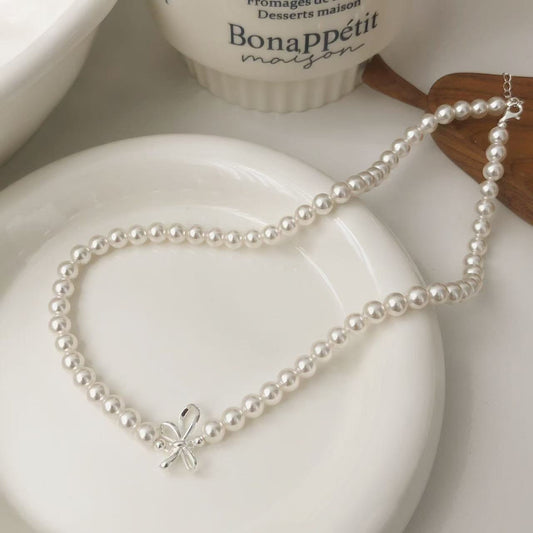 925 silver afternoon ballet Korean sweet girl chaebol daughter bow pearl necklace