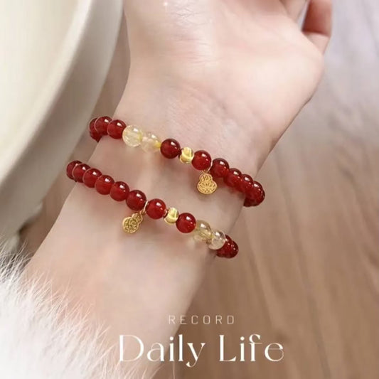 S925 Silver Red Agate Golden Rutilated Quartz Gourd Bracelet