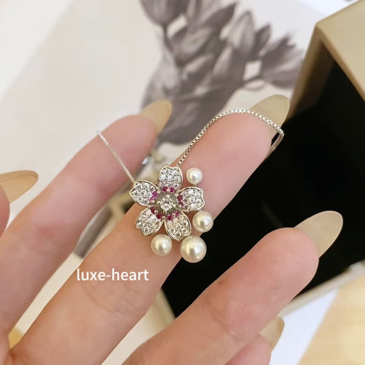 Gradient pink micro-inlaid zircon cherry blossom pearl necklace