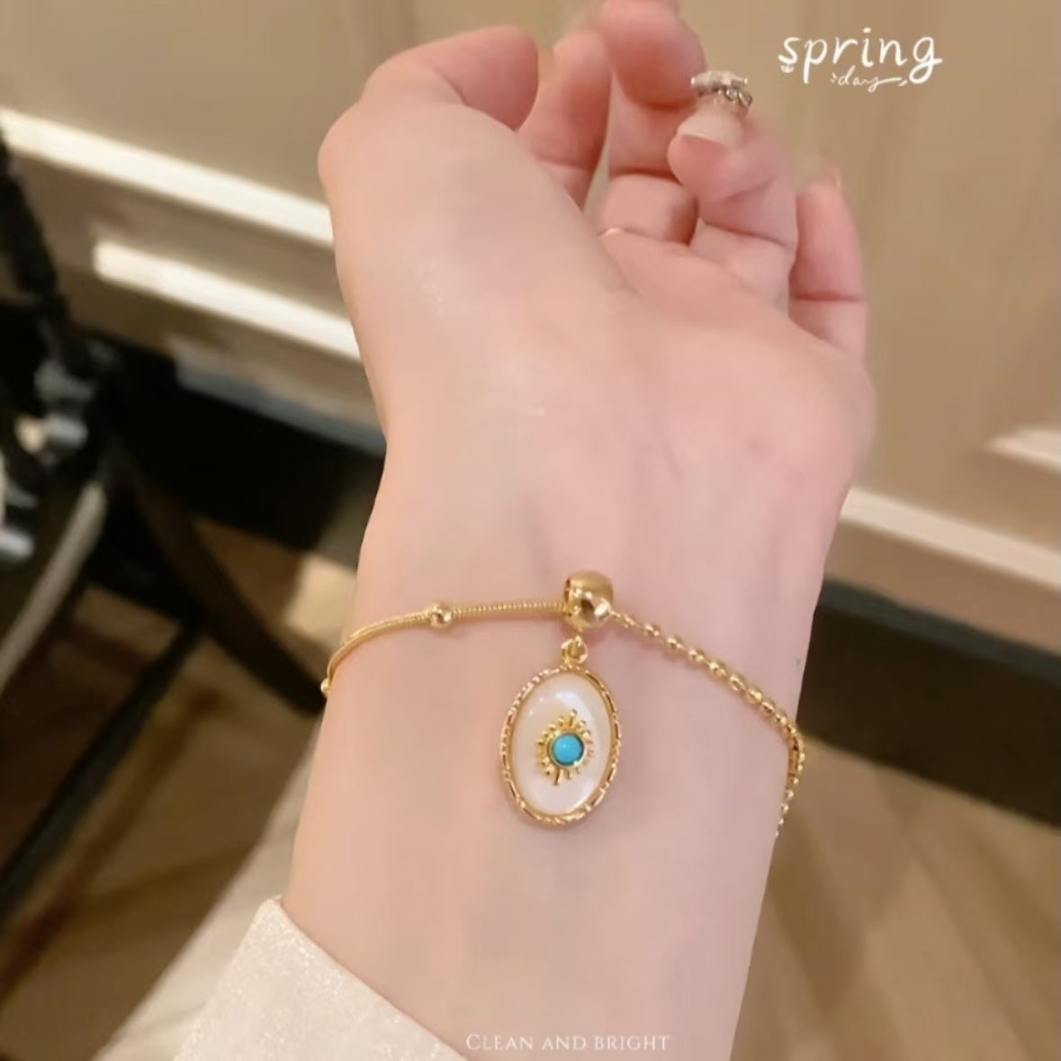 French court style light luxury oval turquoise natural mother-of-pearl copper-plated gold necklace for women