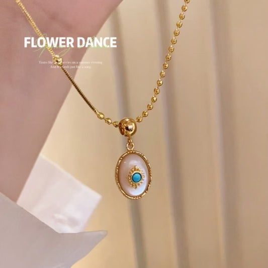 French court style light luxury oval turquoise natural mother-of-pearl copper-plated gold necklace for women