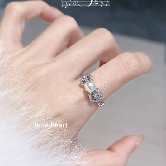 Small High-End Bow Shijia Pearl Adjustable Ring for Women - Elegant Opening Ring