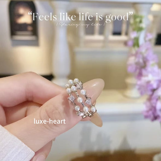Light luxury high-end gold-plated three-layer zircon Shijia pearl fashionable personality open adjustable female ring